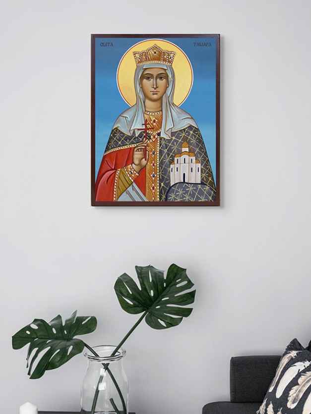 Икона на Св. Тамара - син фон - ръчна изработка